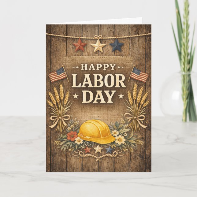 Rustic Patriotic Barnwood Happy Labor Day Kort (Framsida)