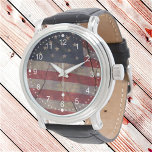 Rustic Patriotic Rött vitt blått US Flagga Segment Armbandsur<br><div class="desc">Denna patriotiska klocka ansikte är designad med ett segment av mitt foto av ett ofredat vrak i en amerikansk flagga som är placerat över en skorpig,  krackad biet av trä. Utformningen omfattar vita siffror och yttre ring inslag.</div>