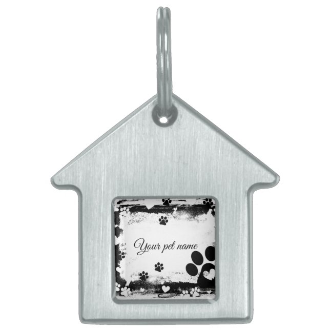 Rustic Paw Print Frame Personalized House-Shaped P ID-bricka Husdjur (Framsidan)