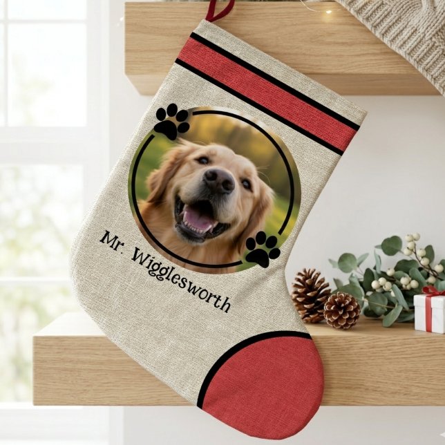 Rustic Paw Print Red Burlap Photo Stor Julstrumpa (Holiday dog lover Christmas stocking)
