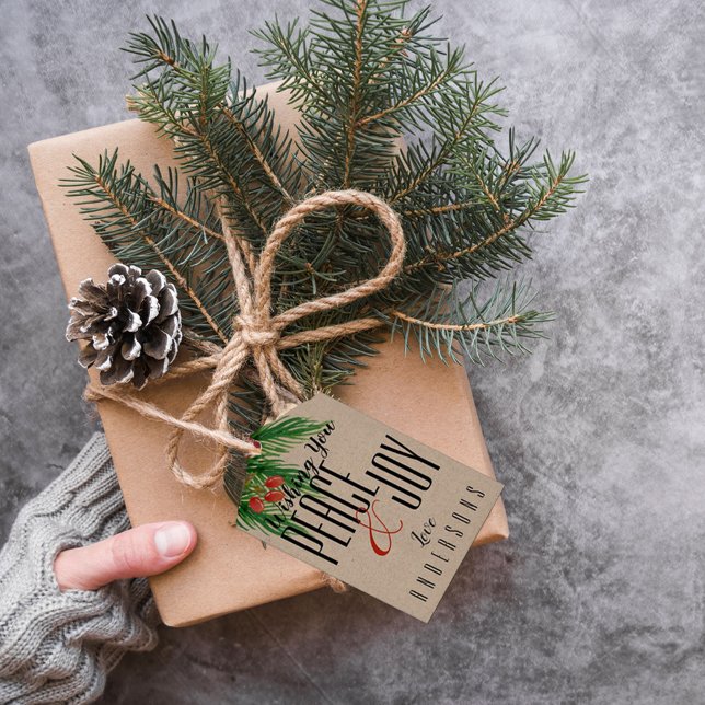 Rustic Peace och Joy Red Berries Brown jul Presentetikett (Skapare uppladdad)