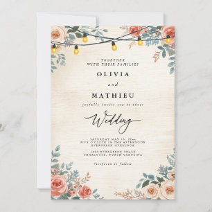 Rustic Peach Blommigt String Ljus Bröllop Inbjudningar
