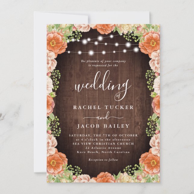 Rustic Peach Coral Blommigt Greenery Fall Wedding Inbjudningar (Framsida)