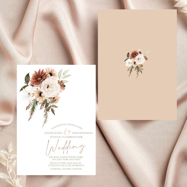 Rustic Peach Terracotta Greenery Blommigt Bröllop Inbjudningar (Elegant Peach Olive Green Floral Wedding Invitation)