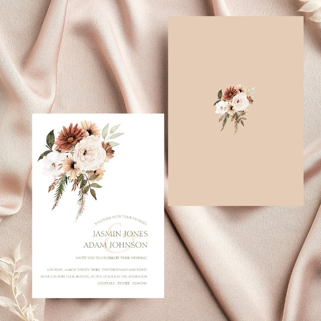 Rustic Peach Terracotta Greenery Blommigt Bröllop Inbjudningar (Elegant Peach Olive Green Floral Wedding Invitation)