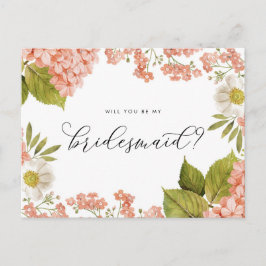 Rustic Peach Watercolor Hydrangeas Bridesmaid Vykort