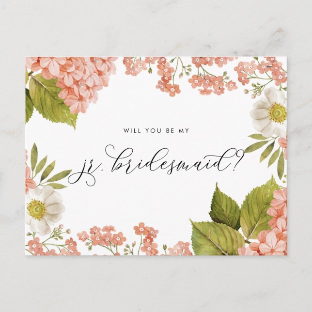 Rustic Peach Watercolor Hydrangeas Jr. Bridesmaid Vykort (Framsida)