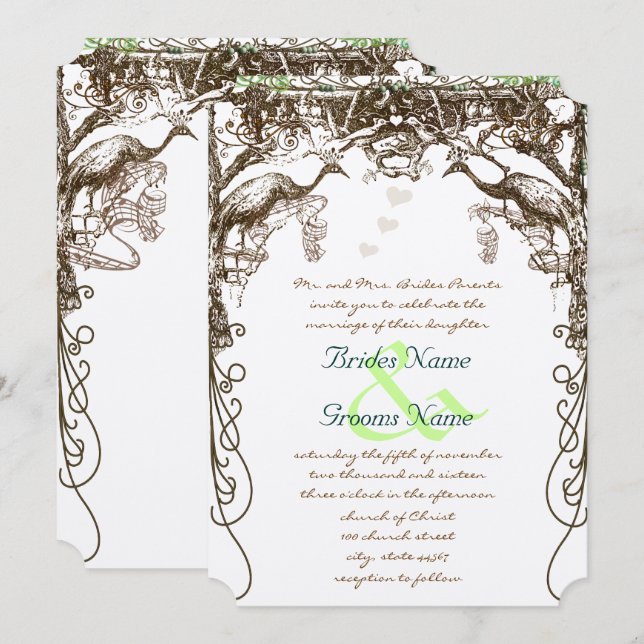 Rustic Peacock Vintage Love birds Inbjudningar (Fram/baksida)