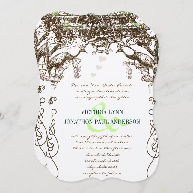 Rustic Peacock Vintage Love birds Inbjudningar (Fram/baksida)