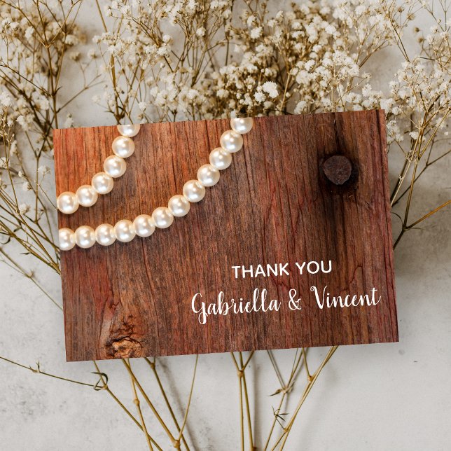 Rustic Pearls och Barn Wood Bröllop Tackkort Anteckningskort (Skapare uppladdad)