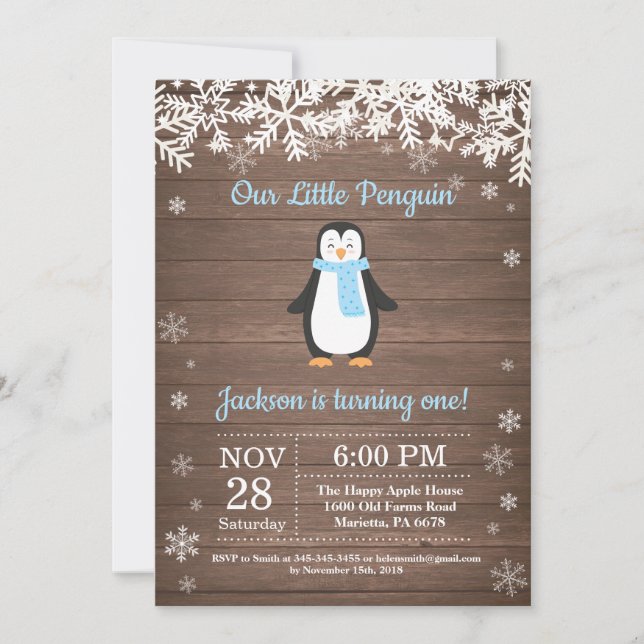 Rustic Penguin Winter Boy Birthday-inbjudan Inbjudningar (Framsida)
