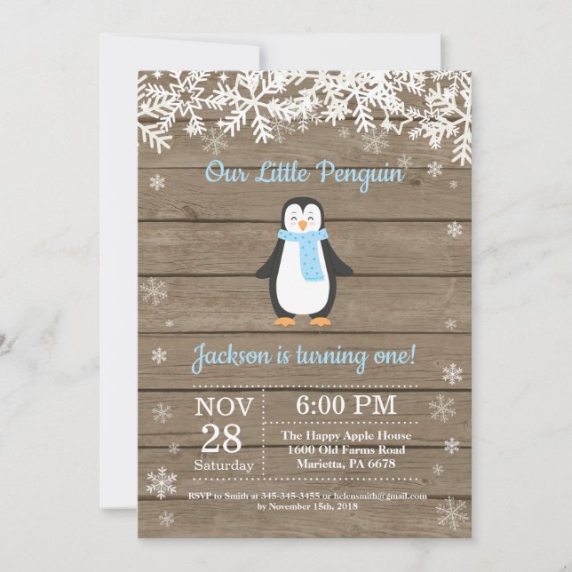 Rustic Penguin Winter Boy Birthday-inbjudan Inbjudningar (Framsida)