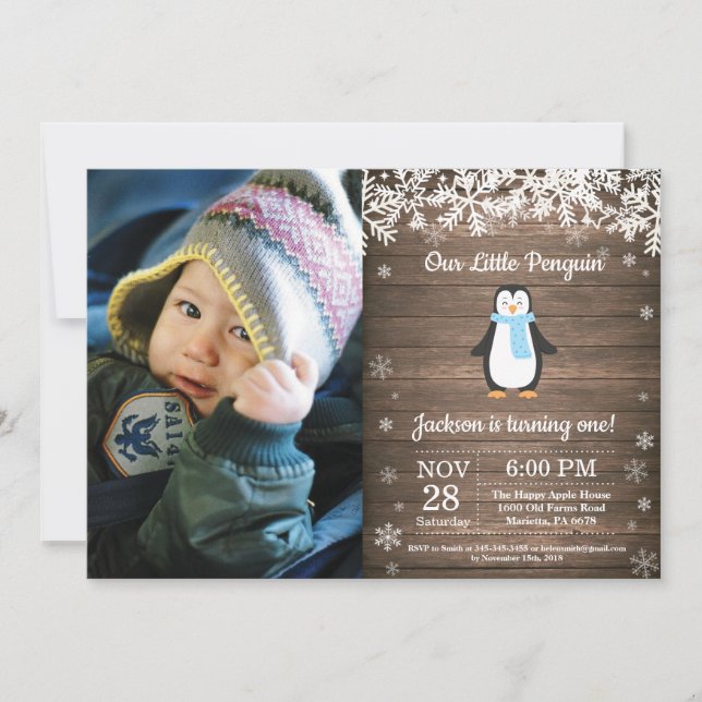 Rustic Penguin Winter Boy Birthday Photo Inbjudningar (Framsida)