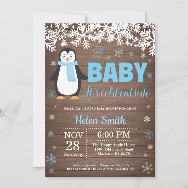Rustic Penguin Winter Boy Shower-inbjudan Inbjudningar (Framsida)
