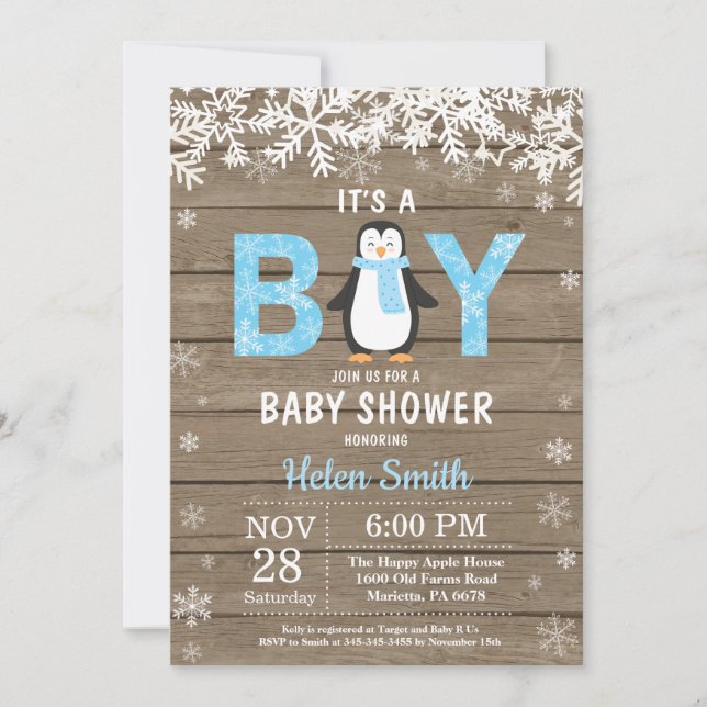 Rustic Penguin Winter Boy Shower-inbjudan Inbjudningar (Framsida)