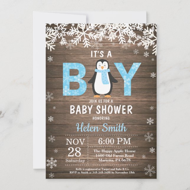 Rustic Penguin Winter Boy Shower-inbjudan Inbjudningar (Framsida)