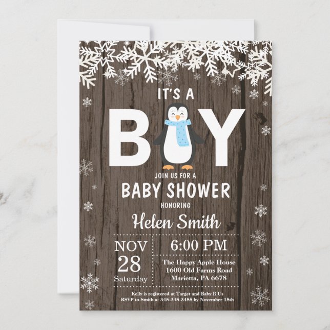 Rustic Penguin Winter Boy Shower-inbjudan Inbjudningar (Framsida)