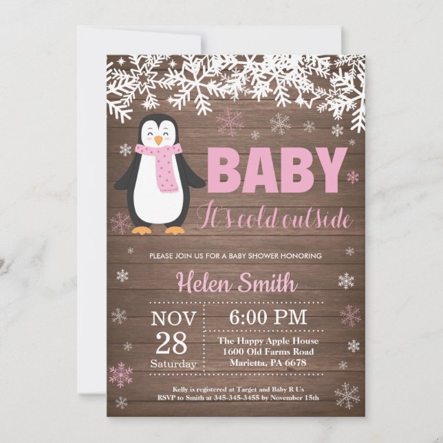 Rustic Penguin Winter Girl Baby Shower-inbjudan Inbjudningar (Framsida)