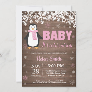 Rustic Penguin Winter Girl Baby Shower-inbjudan Inbjudningar
