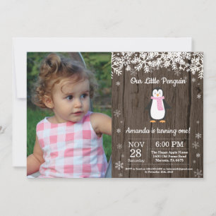 Rustic Penguin Winter Girl Birthday Photo Inbjudningar