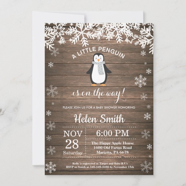 Rustic Penguin Winter Snowflake Baby Shower Inbjudningar (Framsida)