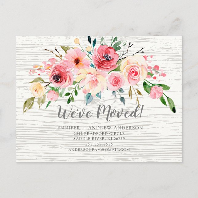 Rustic Peonies Ro Blommigt Flytta Announcement Meddelande Vykort (Framsida)
