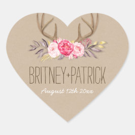 Rustic Peony & Hjort Antler Wedding favors Sälar Hjärtformat Klistermärke