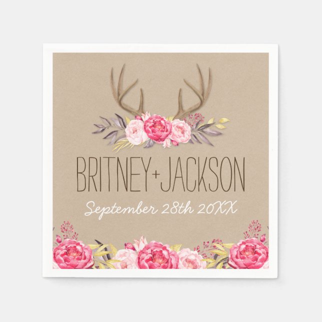 Rustic Peony och Hjort Antler Bröllop Napkins Pappersservett (Framsidan)