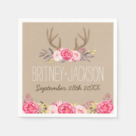 Rustic Peony och Hjort Antler Bröllop Napkins Pappersservett