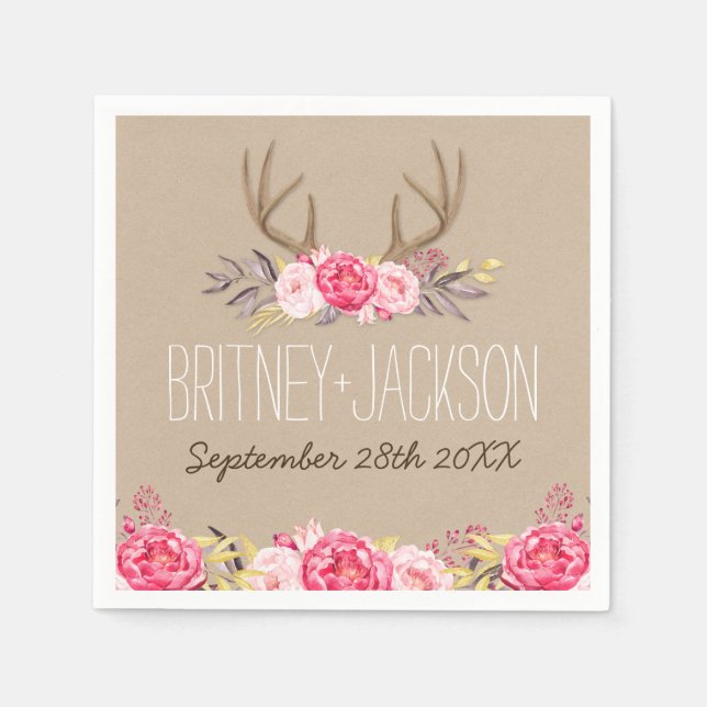Rustic Peony och Hjort Antler Bröllop Napkins Pappersservett (Framsidan)