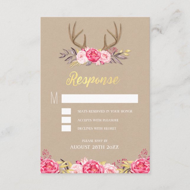 Rustic Peony och Hjort Antler Bröllop OSA Cards (Framsida)