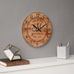 Rustic Personlig Bröllop Newlyged Monogram Wood Stor Klocka
