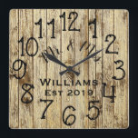 Rustic Personlig Brown Wood Anpassningsbar Fyrkantig Klocka<br><div class="desc">En vacker, unik och naturnära personlig har en faux-rustik brun trä med svart anpassning av hans och hennes namn i en övertäckningsdesign för skript och det efternamn och år som fastställts i ett fet skript med tryckt träbakgrund. Anpassa klockan genom att lägga till din personliga information. Gör ett underbart bröllop,...</div>