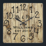 Rustic Personlig Brown Wood Anpassningsbar Fyrkantig Klocka<br><div class="desc">En vacker, unik och naturnära personlig har en faux-rustik brun trä med svart anpassning av hans och hennes namn i en övertäckningsdesign för skript och det efternamn och år som fastställts i ett fet skript med tryckt träbakgrund. Anpassa den här klockan genom att lägga till din personliga information. Gör ett...</div>