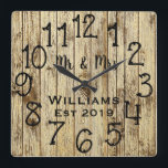 Rustic Personlig Brown Wood Anpassningsbar Fyrkantig Klocka<br><div class="desc">En vacker, unik och naturnära personlig har en faux-rustik brun trä med svart anpassning av hans och hennes namn i en övertäckningsdesign för skript och det efternamn och år som fastställts i ett fet skript med tryckt träbakgrund. Anpassa den här klockan genom att lägga till din personliga information. Gör ett...</div>