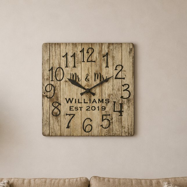 Rustic Personlig Brown Wood Anpassningsbar Fyrkantig Klocka (Skapare uppladdad)
