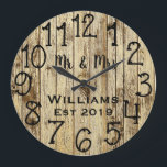 Rustic Personlig Brown Wood Anpassningsbar Stor Klocka<br><div class="desc">En vacker, unik och naturnära personlig har en faux-rustik brun trä med svart anpassning av hans och hennes namn i en övertäckningsdesign för skript och det efternamn och år som fastställts i ett fet skript med tryckt träbakgrund. Anpassa klockan genom att lägga till din personliga information. Gör ett underbart bröllop,...</div>