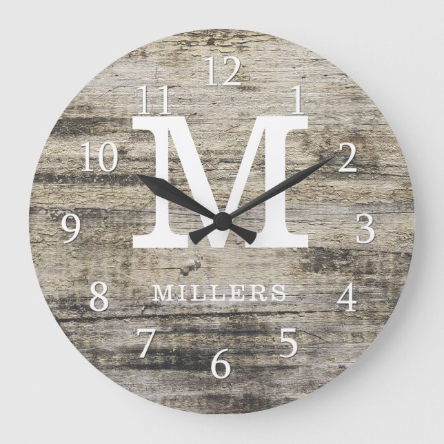Rustic Personlig Farmhouse Wood Monogram Stor Klocka (Framsida)