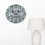 Rustic Personlig Teal Distress Wood Anpassningsbar Stor Klocka<br><div class="desc">En vacker, unik och naturnära personlig har en svart personlig i sin och sin namn i en övertäckningsdesign för skript och det efternamn och det årtal som fastställts i ett fet skript med en tealblått tryckt träbakgrund. Anpassa klockan genom att lägga till din personliga information. Gör ett underbart bröllop, en...</div>