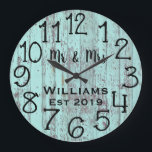 Rustic Personlig Teal Distress Wood Anpassningsbar Stor Klocka<br><div class="desc">En vacker, unik och naturnära personlig har en svart personlig i sin och sin namn i en övertäckningsdesign för skript och det efternamn och det årtal som fastställts i ett fet skript med en tealblått tryckt träbakgrund. Anpassa klockan genom att lägga till din personliga information. Gör ett underbart bröllop, en...</div>