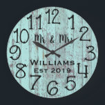 Rustic Personlig Teal Distress Wood Anpassningsbar Stor Klocka<br><div class="desc">En vacker, unik och naturnära personlig har en svart personlig i sin och sin namn i en övertäckningsdesign för skript och det efternamn och det årtal som fastställts i ett fet skript med en tealblått tryckt träbakgrund. Anpassa klockan genom att lägga till din personliga information. Gör ett underbart bröllop, en...</div>