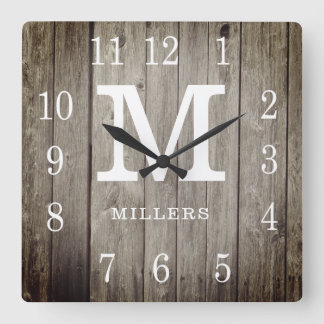 Rustic Personlig Wood Farmhouse Monogram Namn Fyrkantig Klocka