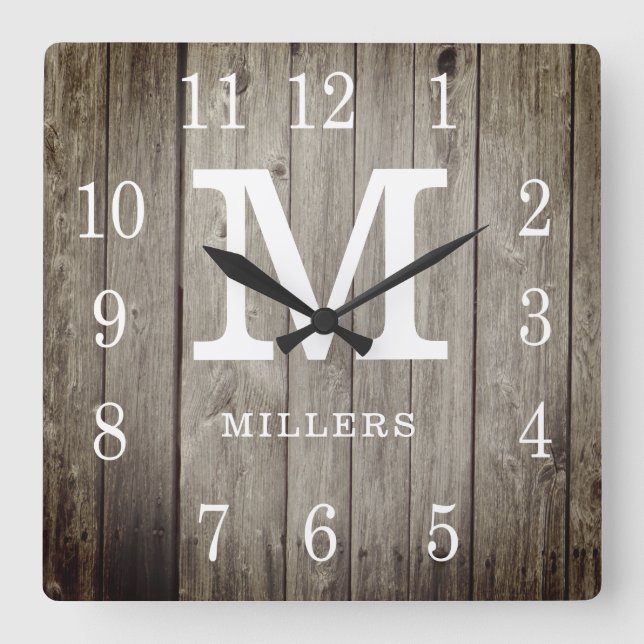Rustic Personlig Wood Farmhouse Monogram Namn Fyrkantig Klocka (Framsida)