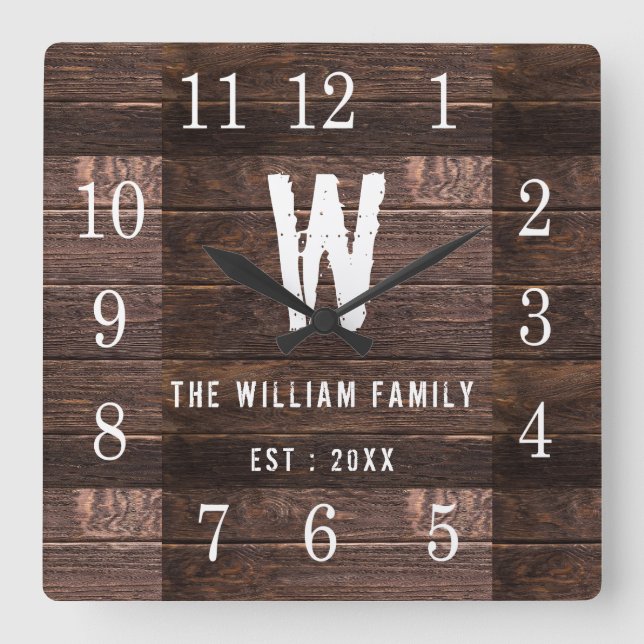 Rustic Personlig Wood Monogrammed Family Namn Fyrkantig Klocka (Framsida)