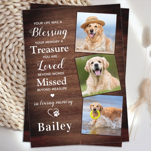 Rustic Pet Loss Personlig 3 Photo Hund Memorial Tack Kort (Skapare uppladdad)