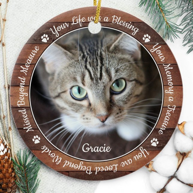 Rustic Pet Memorial Pet Loss Keepsak Cat Photo Julgransprydnad Keramik (Skapare uppladdad)