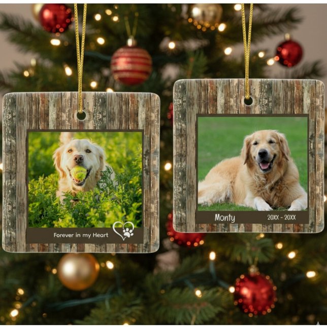 Rustic Pet Memorial Wood Texture Photo Julgransprydnad Keramik (Skapare uppladdad)