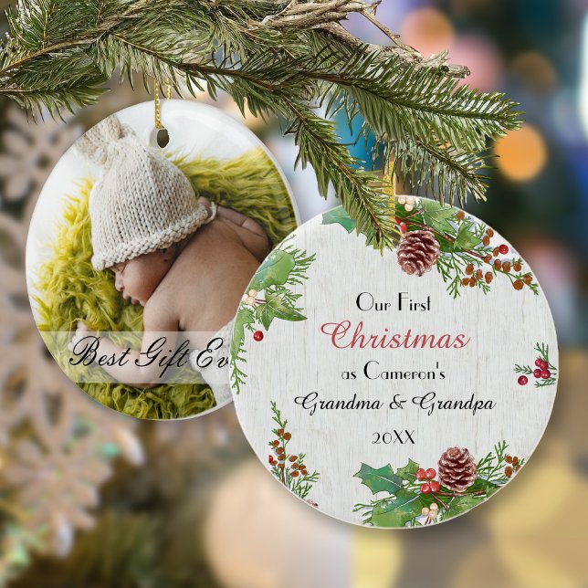 Rustic Photo 1st Christmas New Grandparents  Julgransprydnad Keramik (Skapare uppladdad)