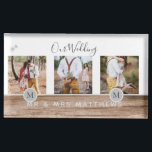 Rustic Photo Collage Monogram NEWLYWEDS BRÖLLOP Bordskorthållare<br><div class="desc">Lägg till dina foton i den här moderna,  runda monogrammofonens temade fotogåva,  perfekt för nygifta på bröllopsdagen som en bröllop-gåva.</div>