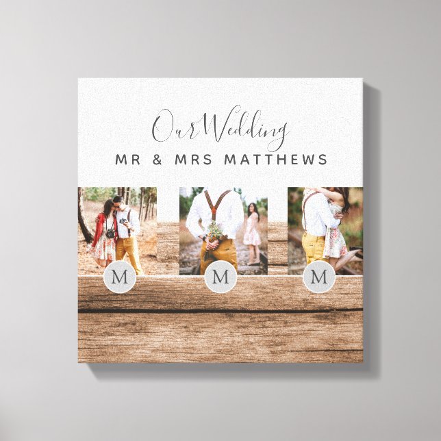 Rustic Photo Collage Monogram NEWLYWEDS BRÖLLOP Canvastryck (Framsida)